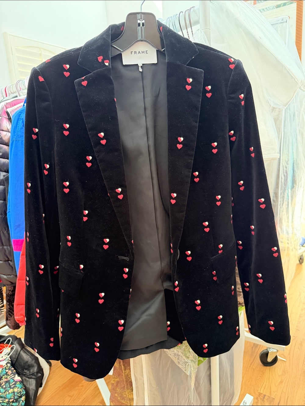 Frame Denim Black Velvet Blazer with Pink-Red Heart Motif